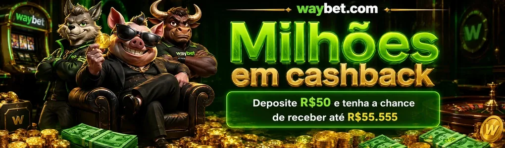 Banner de promoção de cashback do cassino Waybet com personagens de porcos e lobos.