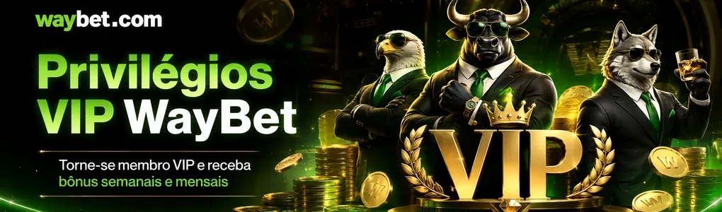 Banner dos privilégios de membro VIP do Waybet, com personagens de animais, convidando jogadores a receberem bônus semanais e mensais.